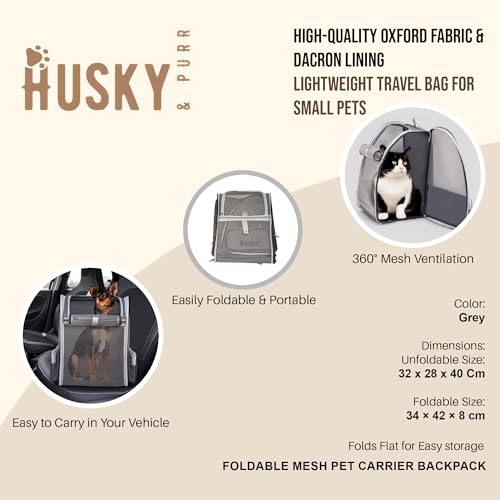 Image of Husky & Purr Cat Bag Carrier Backpack, Grey | Collapsible, Breathable Pet Carrier Backpack | Mesh Ventilation Cat Carrier Bag for Travel, Up to 8kgs