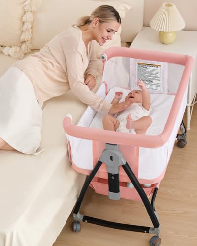 Image of Bedside Bassinet for Baby, 3 in 1 Breathable Mesh Baby Bassinet, 6 Height Adjustable, Easy to Fold, Bassinet Bedside Sleeper with Wheels, Mosquito Net, Storage Basket, Rocking Bassinet for Baby, Pink