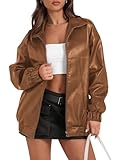 Yousify Womens Leather Jacket Casual Long Sleeve Zip Up Trendy Moto Jacket Faux Leather Bomber Jacket with Pockets Light Brown L