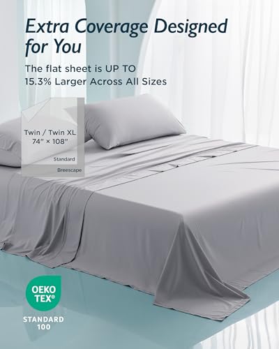 Breescape Cooling Sheet Set Twin XL Size - BlendTek™ Dry & Cool Technology for Hot Sleepers and Night Sweats, Q-Max>0.46 Tech, Deep Pocket Up to 18", 360° Elastic Band, Misty Gray