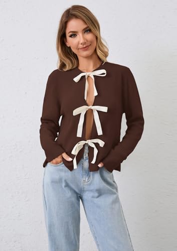 Image of calbatic Women Long Sleeve Bow Tie Front Cardigan Sweater Open Front Knit Pullover Tops Casual 2024 Fall Winter Brown