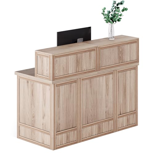 LITTLE TREE 57-Inch Reception Counter, Boho Style Front Desk, Modern Checkout Counter, Reception Desk for Retail, Lobby, Salon, Office, Oak