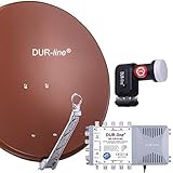 DUR-line 8 Teilnehmer Set - Qualitäts-Alu-Satelliten-Komplettanlage - Select 75cm/80cm Spiegel/Schüssel Rot + Multischalter + LNB - für 8 Receiver/TV [Neuste Technik, DVB-S2, 4K, 3D]