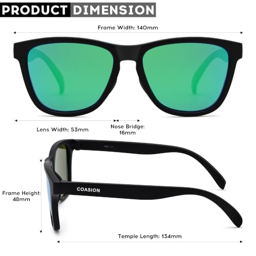 COASION Polarized Sunglasses for Women Men - UV400 Protection Classic Retro Square Trendy Sun Glasses (Matte Black Frame/Mirrored Green Lens) — view 5