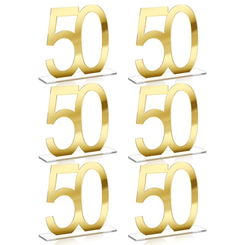 Image of Threehoney 6 Pcs Mirror Gold 50th Birthday Decorations for Men and Women Acrylic Anniversary Decorations Table Numbers Centerpieces for Birthday Party