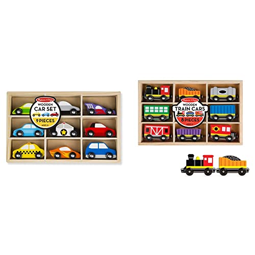 Melissa & Doug Wooden Cars Vehicle Set in Wooden Tray & Wooden Train Cars (8 pcs)