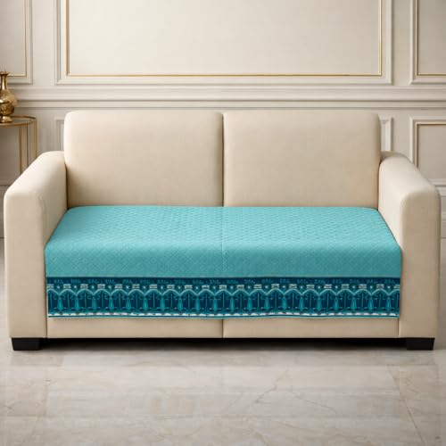 Image of KINGLY Sofa Cover for 2 Seater | Quilted Velvet Seat Cover | Anti-Slip Sofa Mat with Back Elastic | Thick Fabric Sofa Protector | Washable Couch Cover | Mint Blue
