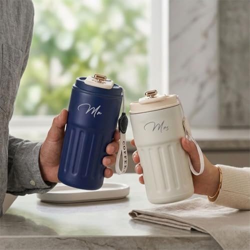 Image of Giftana Mr and Mrs Coffee Tumbler Set of 2, Premium Travel Mug Gift Set, 420ml Blue & White Tumblers for Couples, Newlyweds, Husband & Wife, Bridal Shower, Wedding, Anniversary and Engagement Gifts