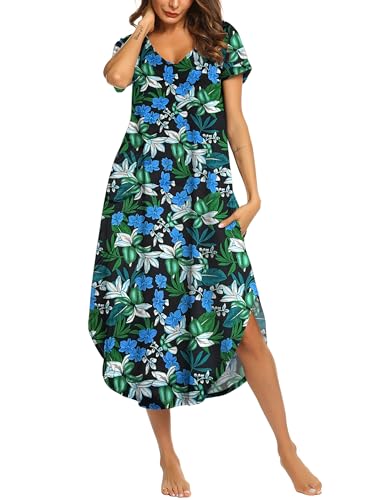 Image of Ekouaer Long Nightgowns for Women Short Sleeve House Dress with Pockets V Neck Sleepshirts Side Split Sleepwear S-4XL