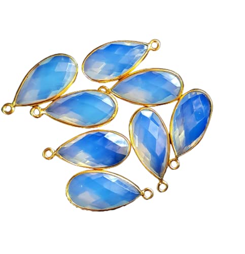 Opalite Gemstone Charms, Teardrop Shape Gold Bezel/Charm, Single Bail Pendant Necklace & Jewelry Making Size - 10X20 Mm 24K Gold Plated Vermeil 4 Pieces Pack ,Jewelry Findings For Girls & Women (White & Blue Opalite (October) [4] #TOP21