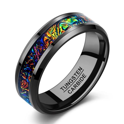 NUNCAD Black Wedding Band for Man Dichrolam Inlay, 8mm Mens Tungsten Ring for Engagement/Daily, Colorful Center, Beveled Edges, Comfort Fit Fashion Rings Jewelry Gift, Size 11