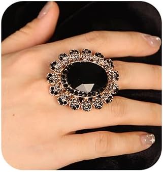 Jumwrit Boho Big Oval Crystal Ring for Women Statement Antique Open Band Ring Vintage Adjustable Rhinestone Flower Ring Exaggerated Prom Party Cocktail Jewelry for Wedding Brides