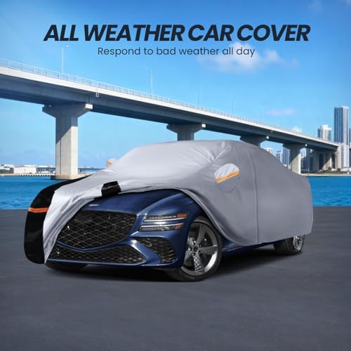 Image of Multi-Layer Car Cover Custom Fit for Genesis G80 (2016-2026), 100% Waterproof All Weather for Automobiles, Gift with Towel, Heavy Duty Car Covers for Rain Sun UV Protection with Door Zipper.