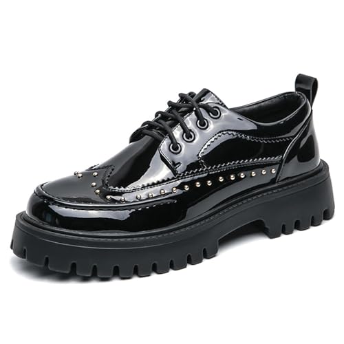 Men's Patent Leather Platform Wingtip Oxford Shoes with Rivets Round Toe Lace Up Lug Sole Brogue Dress Shoes Comfortable Business Work Causal Derby Oxfords