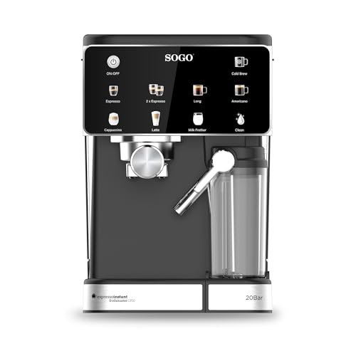 SOGO Cafetera Espresso 4 en 1 con Espumador de Leche y Panel Táctil – 20 Bar, Compatible Nespresso® y Café Molido, Depósito 1.5 L, 1350 W, Negro