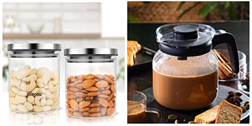 Image of Borosil Carafe Flame Proof Glass Kettle with Stainer, 1L & Classic Glass Jar for Kitchen Storage, Set of 2, (600ml + 600ml) Combo