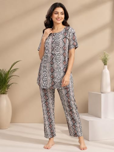 Image of KIAWAH Women Printed Night Suit Set, Cotton Blend Night Suit, A-Line Top and Pajama Set, Soft and Breathable Night Wear
