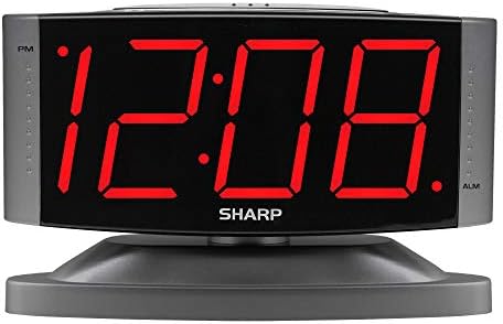 SHARP Home LED Digital Alarm Clock – Swivel Base - Outlet Powered, Simple Operation, Alarm, Snooze, Brightness Dimmer, Big Red Digit Display, Gun Metal Grey Case