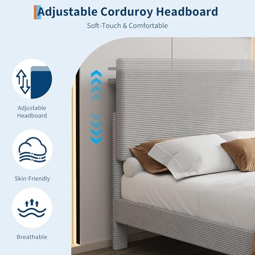 Image of GarveeLife Corduroy Upholstered Platform Bed Frame with USB Charging Station, Adjustable Storage Headboard, Wooden Slat Support, No Box Spring Needed, Easy Assembly, Queen Light Gray