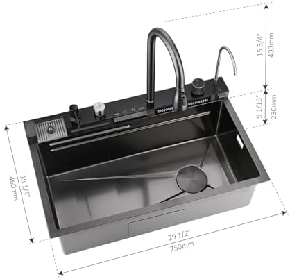 Lefton 29.5"x 18.25" 304 Stainless Steel Kitchen Workstation Sink with Pull-down Faucet, Waterfall & Rainfall Outlet, Temperature Display in Tempered Glass, Grey, KS2206