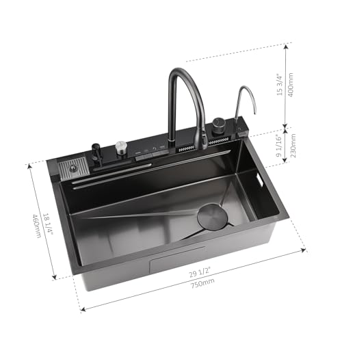 Lefton 29.5\"x 18.25\" 304 Stainless Steel Kitchen Workstation Sink with Pull-down Faucet, Waterfall & Rainfall Outlet, Temperature Display in Tempered Glass, Grey, KS2206 - Thumbnail 2