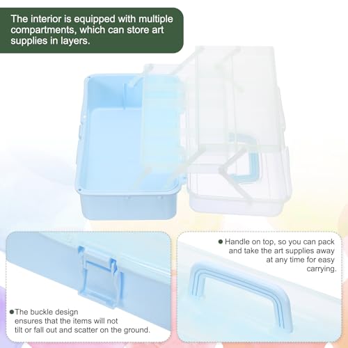 Image of YOKIVE Art Supply Storage Organizer, Art Tool Storage Box 3-Tray Craft Box Art Supplies Organizer with Handle Buckle for Brushes Paints Stamps, Light Blue