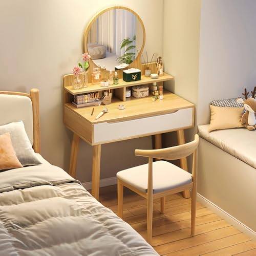 Tonain バニティデスク、木製化粧台 、ミラー付き化粧台、モダンなベッドルームィヴィンテージドレッシングテーブル 鏡付き 寝室用のモダンなメイクア (60×40×128.5cm + ホーンチェア,オークとホワイト)