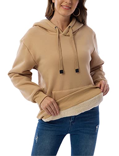 Womens Hooded Sweatshirt Fleece Sherpa Lined Hoodies Winter Causal Loose Fit Pullover(Khaki,L) #TOP1