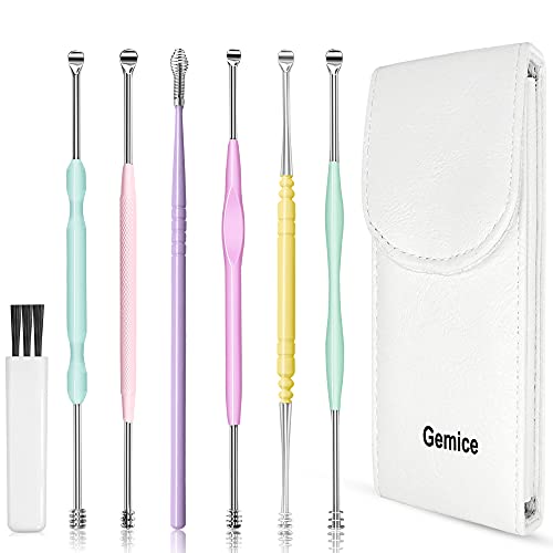 Ear Wax Removal Kit, Gemice 6 Pcs Ear Pick Tools Curette Cleaner Reusable Ear Cleaner, Stainless Steel Ear Wax Remover with Leather Bag and Cleaning Brush