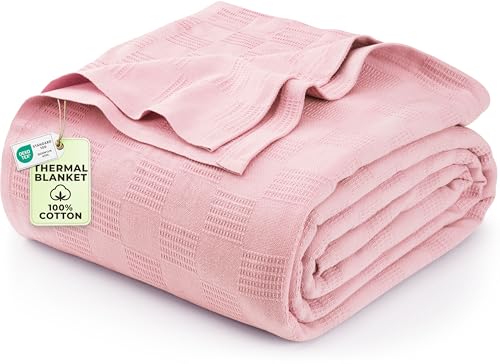 Image of Utopia Bedding 100% Cotton Thermal Blanket Pink Twin Size Soft, Lightweight, Breathable, Cozy Spring and Summer Blanket for Couch and Sofa, Home Room Decor Gifts for Women and Men (90x72 Inches)