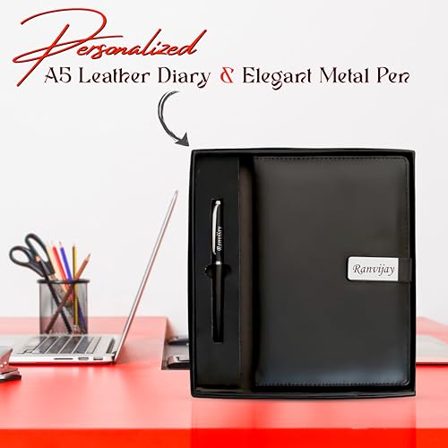 Image of SAVRI A5 Personalized Leather Diary & Engraved Pen - Custom Name Executive Notebook with Employee Name & Company Logo - Non-Dated, Joining Kit, Corporate Gift, Office, Travel & Birthday Gift (Black)