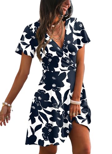 11 Best Casual Summer Dresses for Women Over 60 with Sleeves (Stylish, Cool, and Comfortable) 2 RUMIA Sundresses for Women 2026 Summer Beach Dresses Short Sleeve Empire Waist Church Wrap V Neck Dress Spring Clothes Floral Navy 02 XL