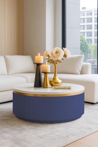 Image of Modern Round Centre Table - 76x76x46 cm | White Marble Top with Gold Accent Strip & Charcoal Louvers | Luxury Coffee & Tea Table for Living Room, Lounge & Entryway (Blue)