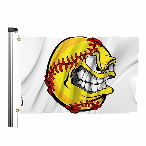 Swono Yellow Softball Face Flag Banner Cartoon Angry Expression Aggressive Teeth Eyes Red Laces 3x5 FT Big Flag Outdoor Indoor Office with Brass Grommets