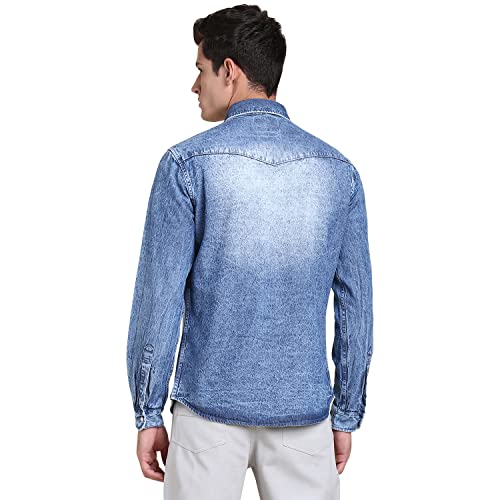Image of Dennis Lingo Men's Solid Denim Cotton Slim Fit Full Sleeve Casual Shirt with Flap Pockets and Snap Buttons