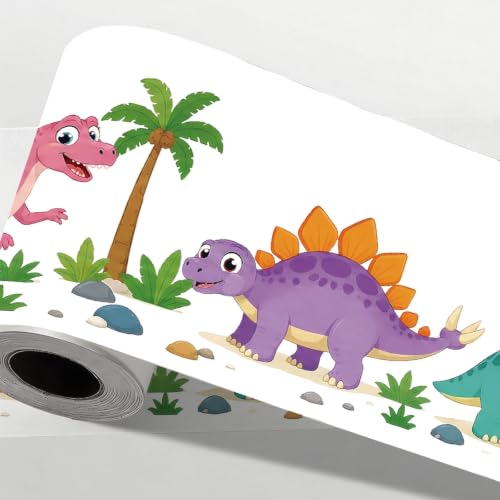 Image of CONCHLERY Cute Dinosaurs Wallpaper Stick Border Self Adhesive Wallpaper Peel and Stick Removable Wall Decal for Living Room Bedroom Tv Background Office Restaurant 197 Inch Length