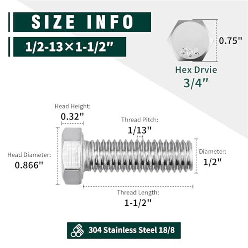 Image of (5 Sets) 1 /2-13 x 1-1 /2 inch Hex Bolt and Nut Kit, 304 Stainless Steel (18-8), Fully Threaded, Flat & Lock Washers Included