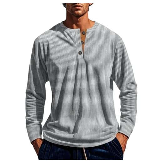 Angbater Camisetas masculinas da moda Henley manga longa pulôver básica com botões leves camisetas de veludo cotelê, Cinza, M