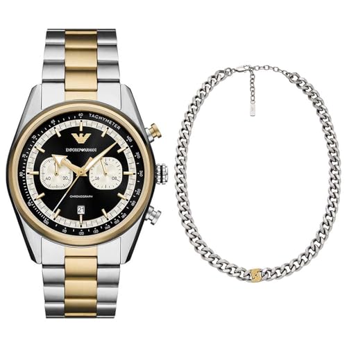 Emporio Armani Hombre Set Reloj Bicolor de Acero Inoxidable y Collar, Set