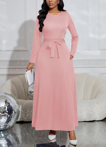 Image of BubFee Long Dress for Women Casual Long Sleeve Dresses Maxi Dress Empire Waist Loose with Belt