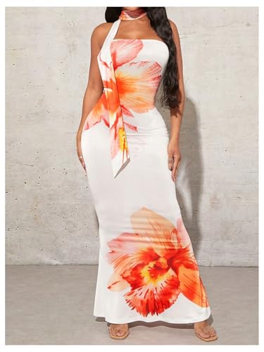 Image of Milumia Women's Boho Floral Maxi Dress Strapless Bodycon Summer Hawaiian Long Dresses with Scarf