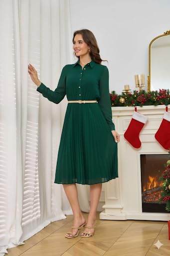 Business Casual Shirt Dress for Women Long Sleeves Pleated Midi Dresses with Belt - Image 3