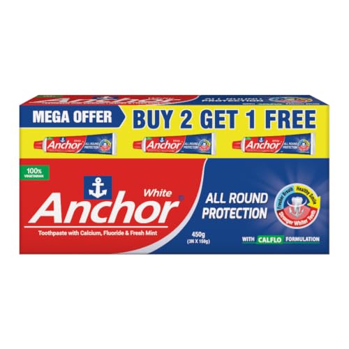 Anchor All Round Protection White Toothpaste 450g (150g x 3) | CALFLO Calcium & Fluoride Formula for Strong Teeth & Healthy Gums | Cavity, Plaque & Germ Protection | Family Saver Pack with Free Premium Toothbrush
