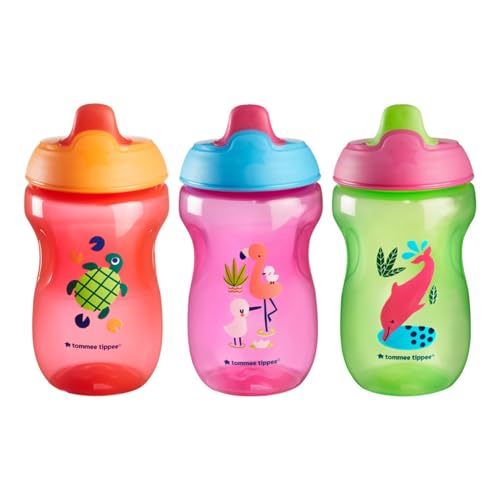 Tommee Tippee Sippee Cup, Water Bottle for Toddlers, 9 Months+, 10oz, Spill-Proof, Bite-Resistant Spout, BPA Free, Pack of 3, Red, Purple and Green