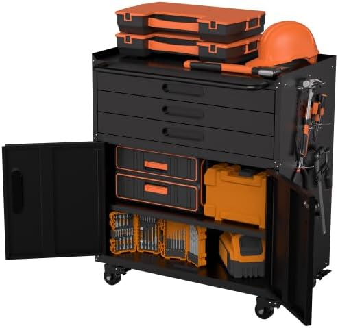 34.3" H Metal Garage Storage Cabinet with Wheels,Black Lockable Rolling Tool Cabinet with Drawer,Heavy Duty Tools Cabinet for Home Office Utility Room, Rolling Tool Chest with Wheels (29.4" W)