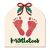 Baby's First Christmas Footprint Art Sign, Cutest Little Mistletoes Sign Wooden Milestone Keepsake for Newborn Photo Prop Baby Shower and Christmas Gift (Bow)