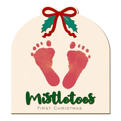 Baby's First Christmas Footprint Art Sign, Cutest Little Mistletoes Sign Wooden Milestone Keepsake for Newborn Photo Prop Baby Shower and Christmas Gift (Bow)