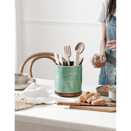 Image of Utensil Holder, 360 Rotating Extra Large Ceramic Kitchen Utensil Holder for Countertop, 7.3 inch Cooking Utensil Crocks for Kitchen Counter with Rotatable Wooden Base, Farmhouse Decor, Forest Green