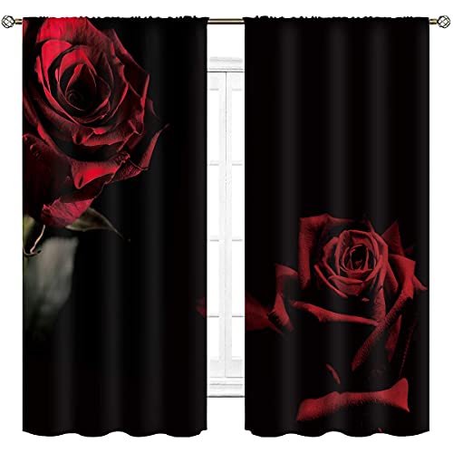 Cinbloo Red Black Floral Curtains 42W X 63L Inch Rod Pocket Red Rose Blooming Women Bedroom Decor Female Girl Valentine Burgundy Flower Drape Lover Romantic Living Room Window Curtains Fabric 2 Panels #TOP4