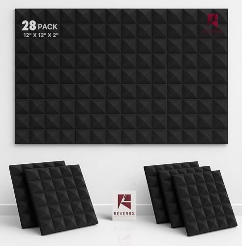 Image of Pyramid Acoustic Foam Panels (Pack of 28) - Compressed Packing - 12 inch X 12 inch X 2 inch, 38 Density | Acoustical Soundproofing for Studio, Theater etc | Echo & Reverb Absorption (Charcoal Black)